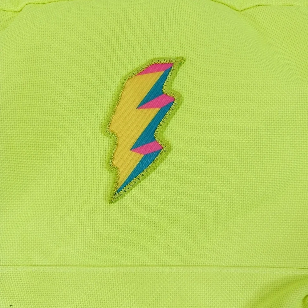 Neon Yellow Canvas Backpack with Lightning Bolt Patch and White Straps
